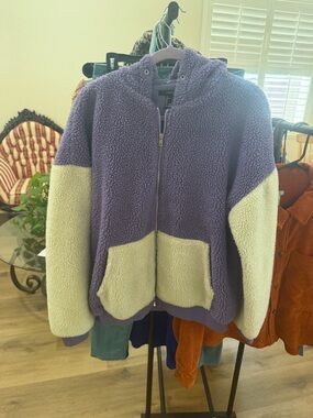 Forever 21 Purple and Cream Colorblock Sherpa Zip Hoodie